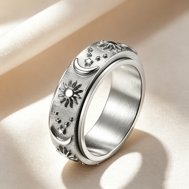 Sun‑Moon‑Star Embossed Rotating Spinner Ring Collection