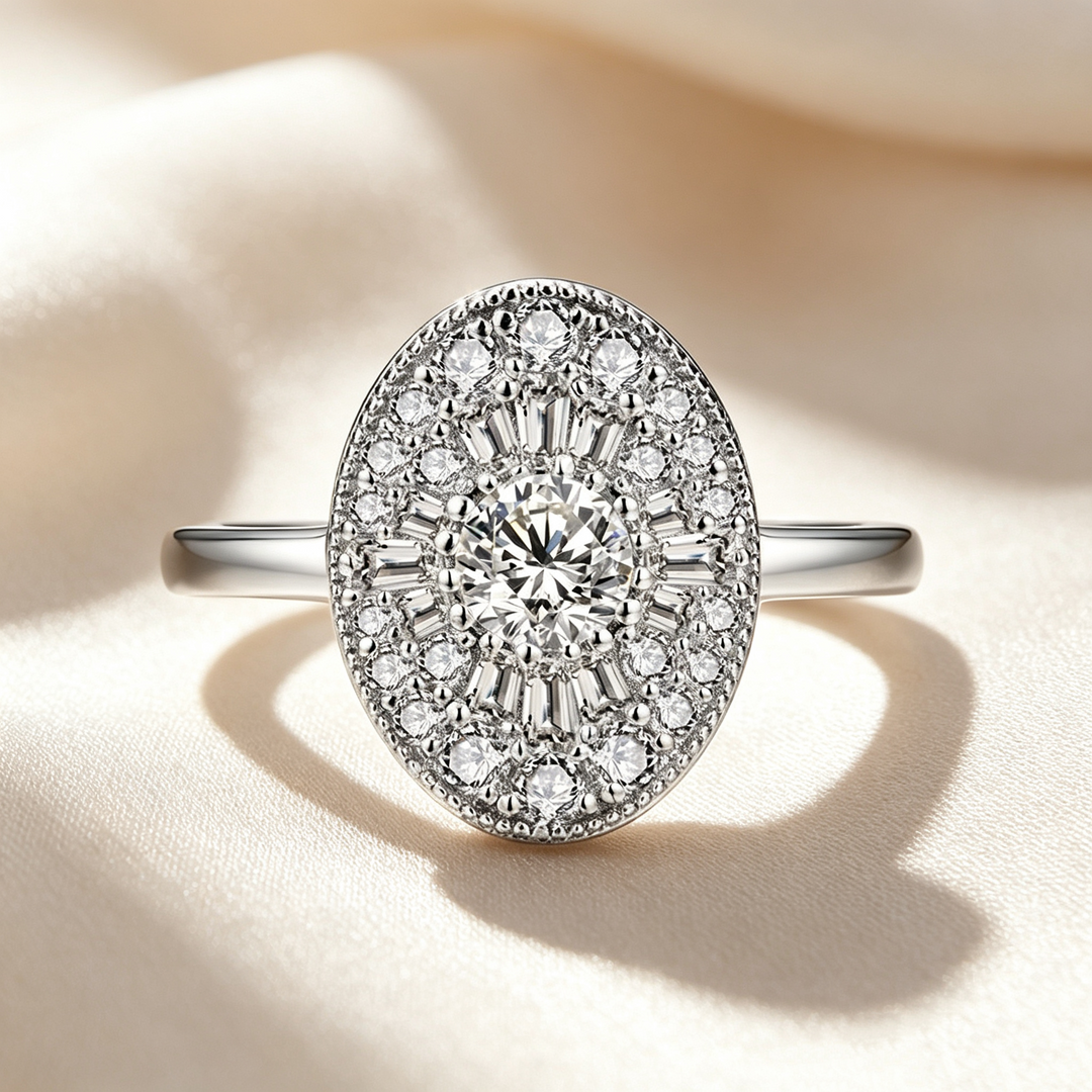 Oval Halo Sunburst Moissanite Ring