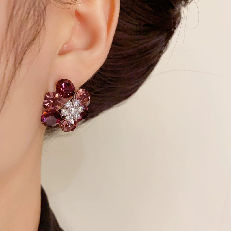 Purple natural crystal flower earrings