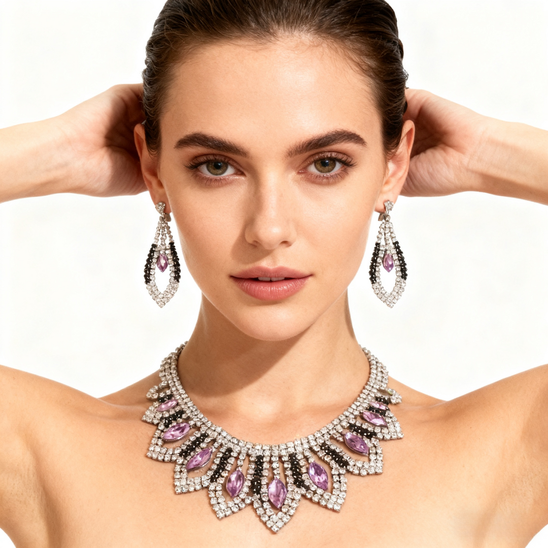 Amethyst &amp; Diamond Tassel Necklace &amp; Earrings Set