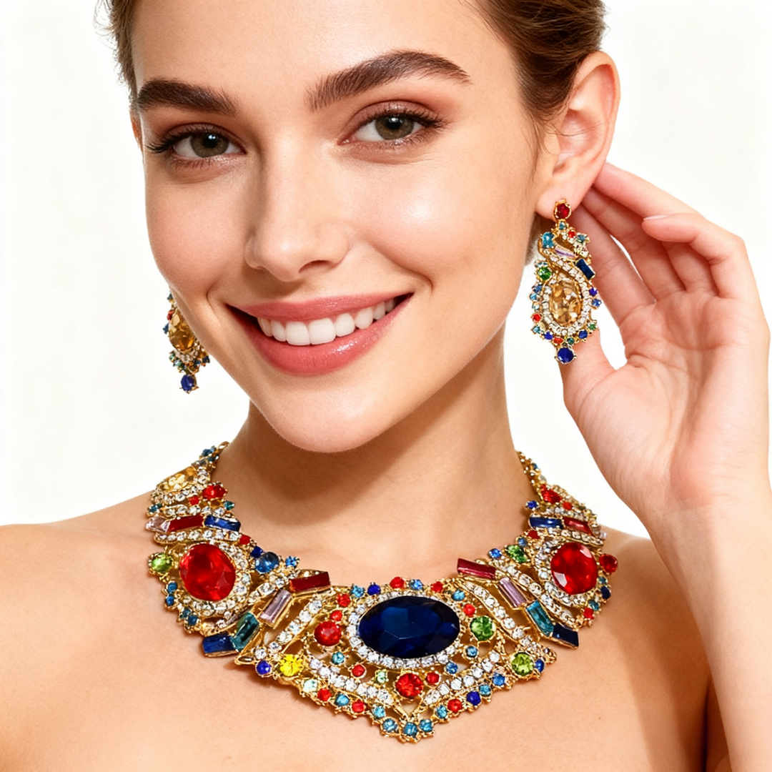 Red &amp; Blue Agate with Diamond Necklace &amp; Earrings Set