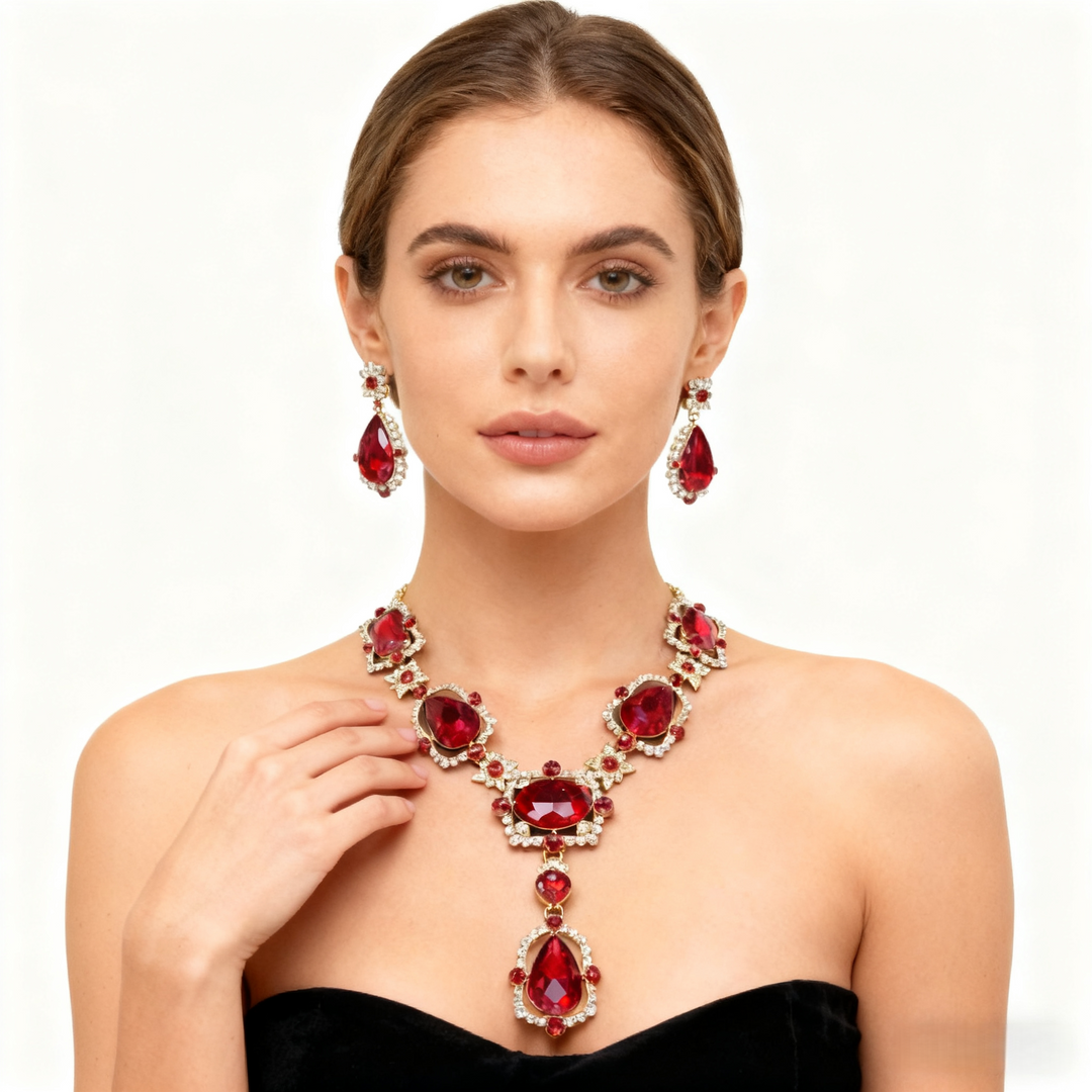 Red Crystal Diamond Necklace &amp; Earring Set