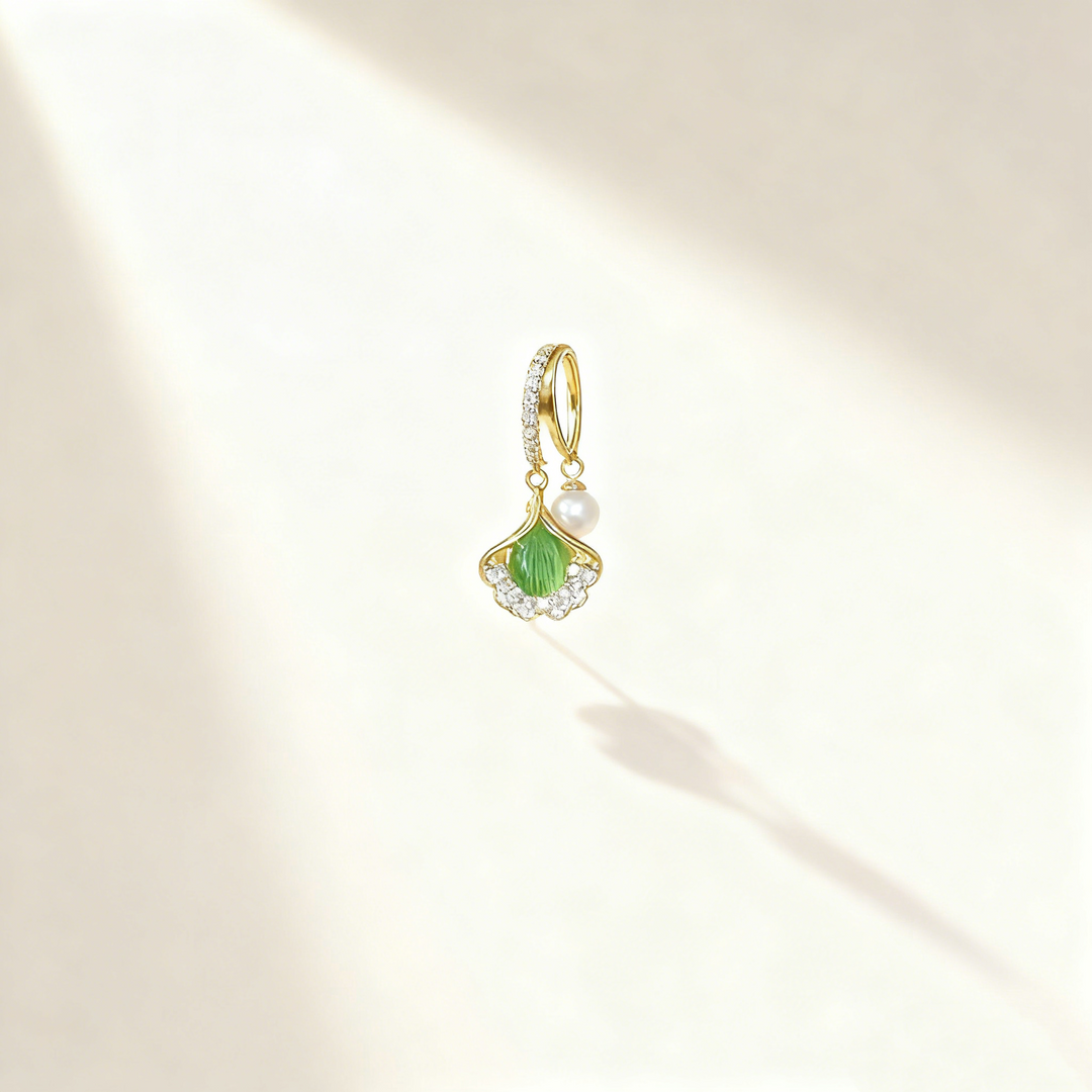 Ginkgo Leaf Green Agate &amp; Pearl Double-Layer Earrings