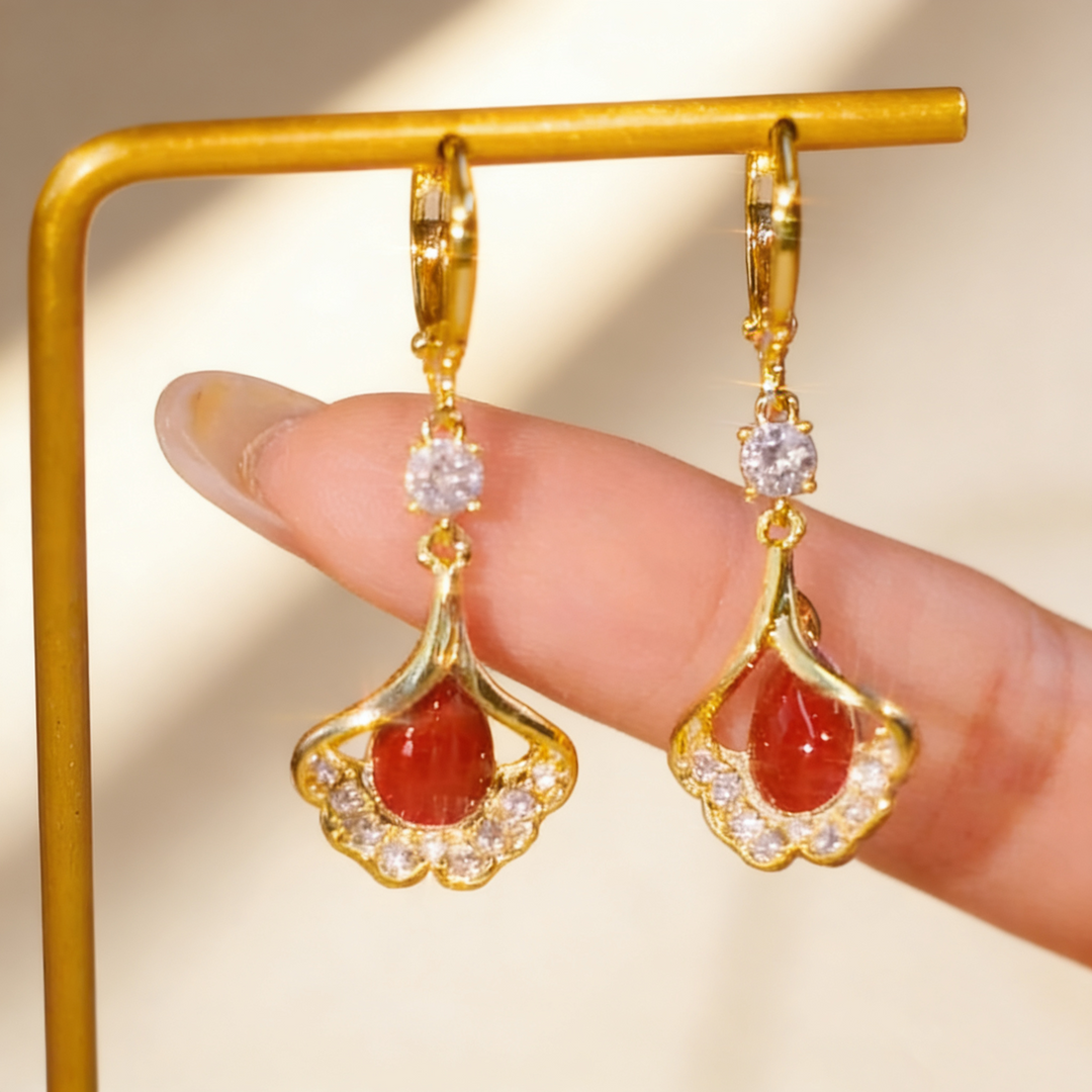 Ginkgo Leaf Ruby Earrings