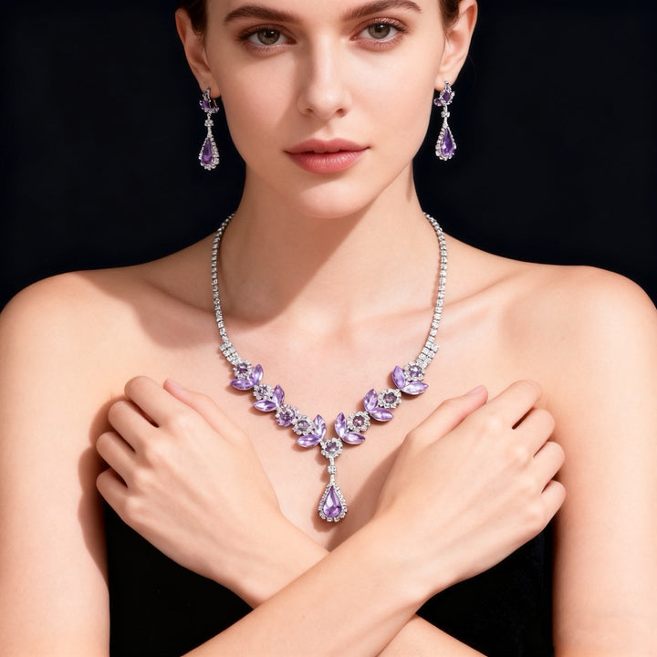 Amethyst Teardrop Flower Necklace &amp; Earring Set