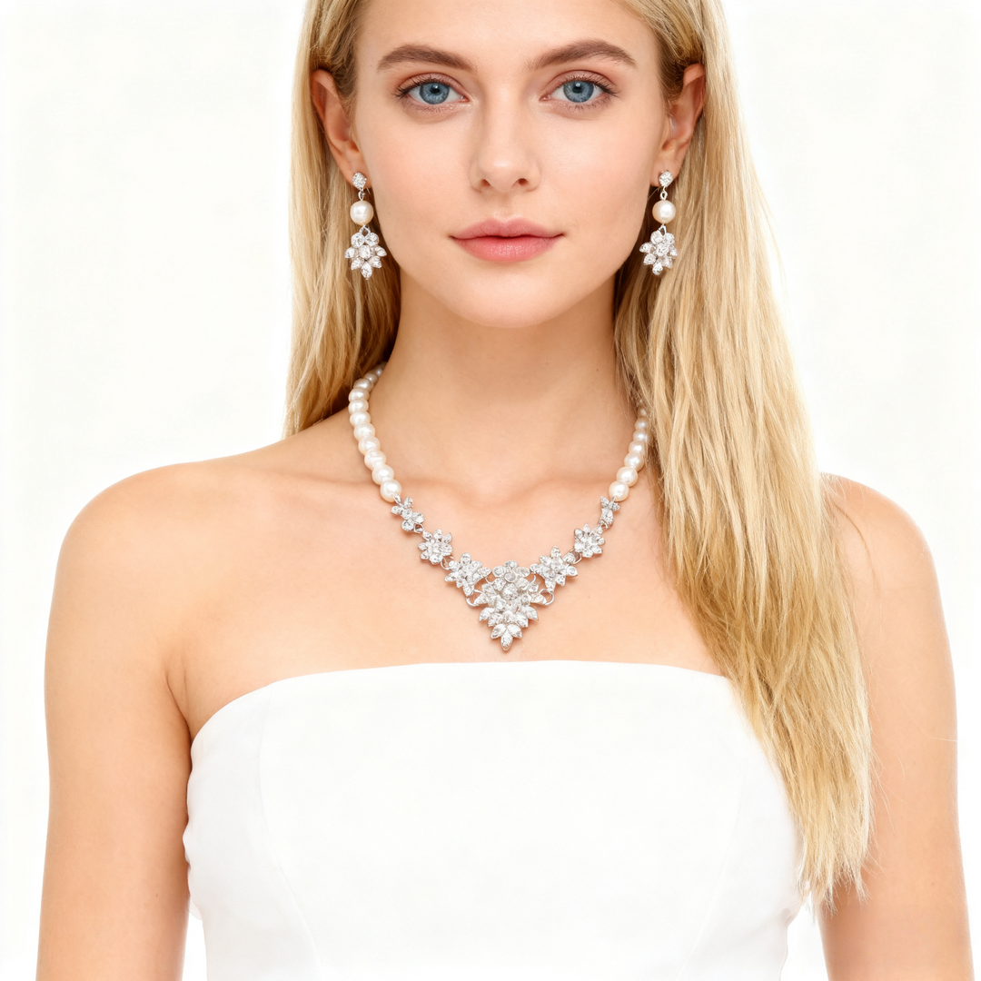 Cluster Diamond &amp; Pearl Necklace &amp; Earring Set