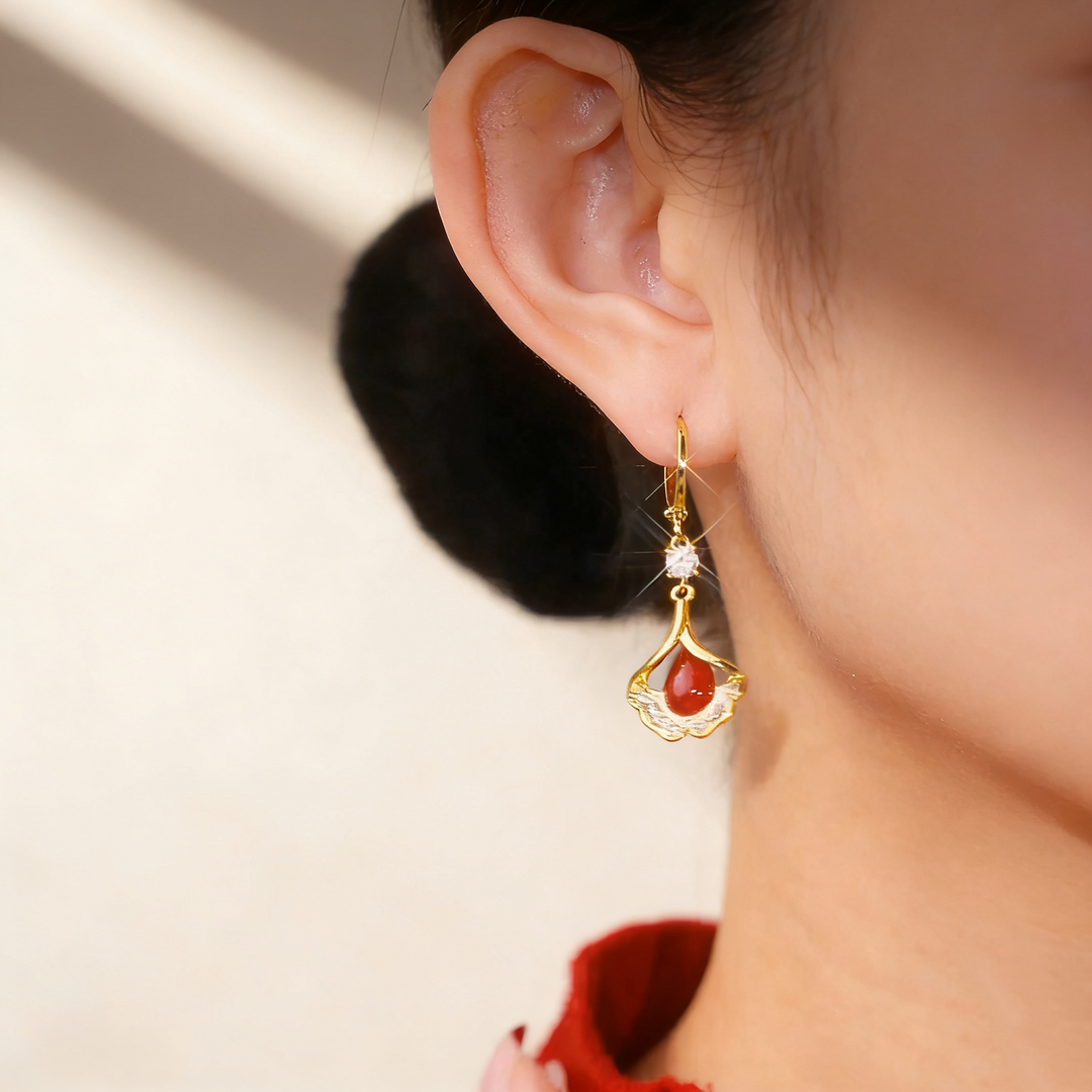 Ginkgo Leaf Ruby Earrings