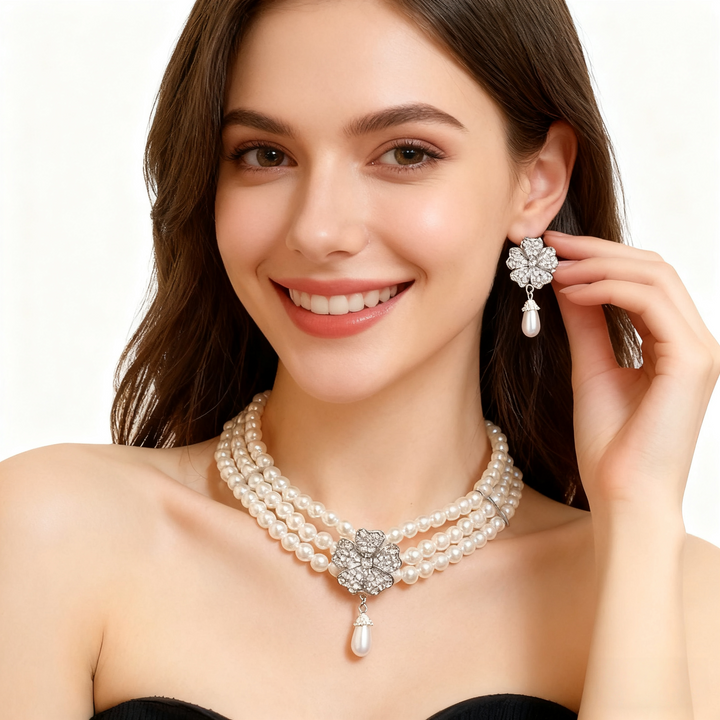 Diamond Flower Multi-Layer Pearl Necklace &amp; Earring Set