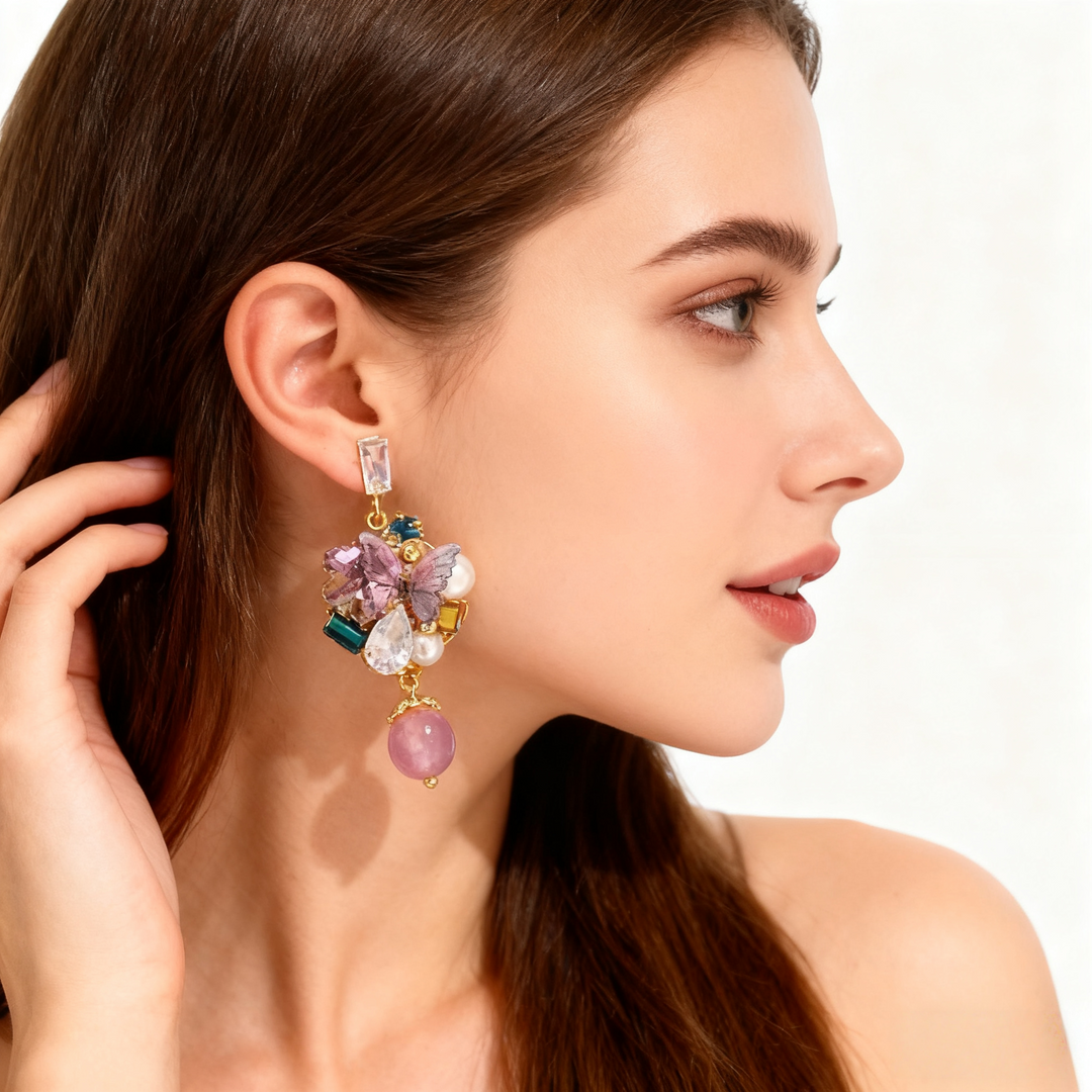 Amethyst Butterfly &amp; Pearl Earrings