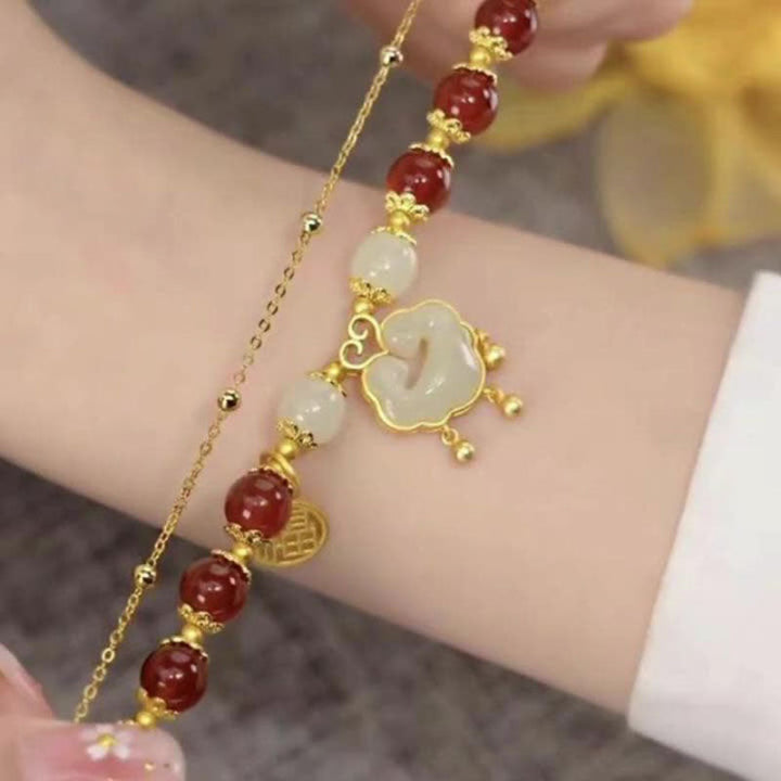 Lucky Bunny Lock Natural Emerald Jade Stone Bracelet