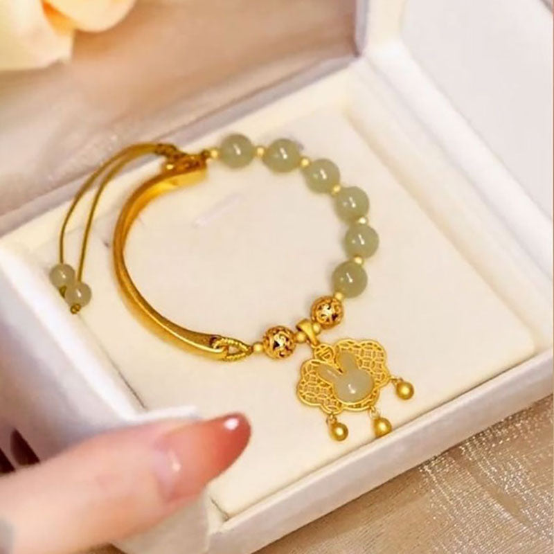 Lucky Bunny Lock Natural Emerald Jade Stone Bracelet