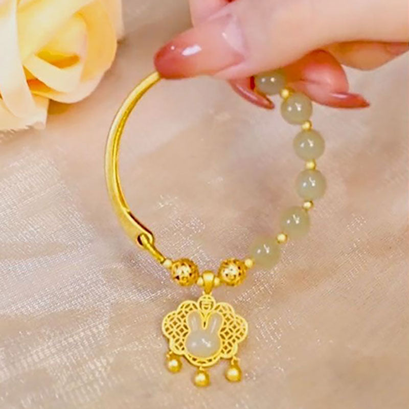 Lucky Bunny Lock Natural Emerald Jade Stone Bracelet