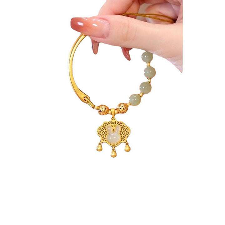 Lucky Bunny Lock Natural Emerald Jade Stone Bracelet
