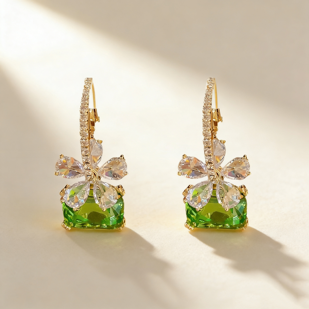 Square Gemstone Floral Earrings