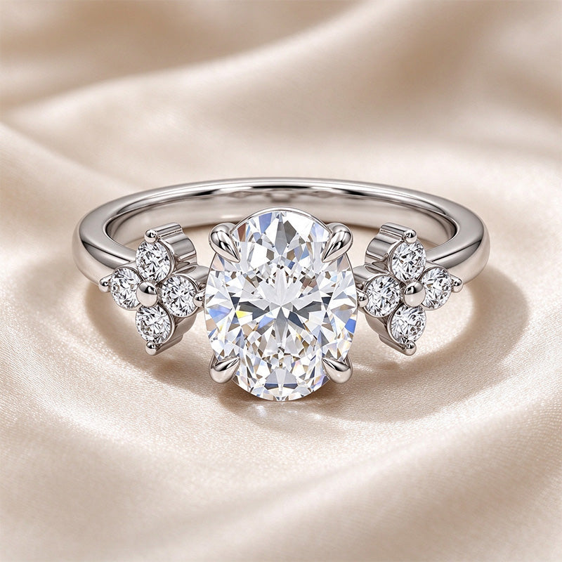 Oval Four-Prong Flower Accent Moissanite Ring