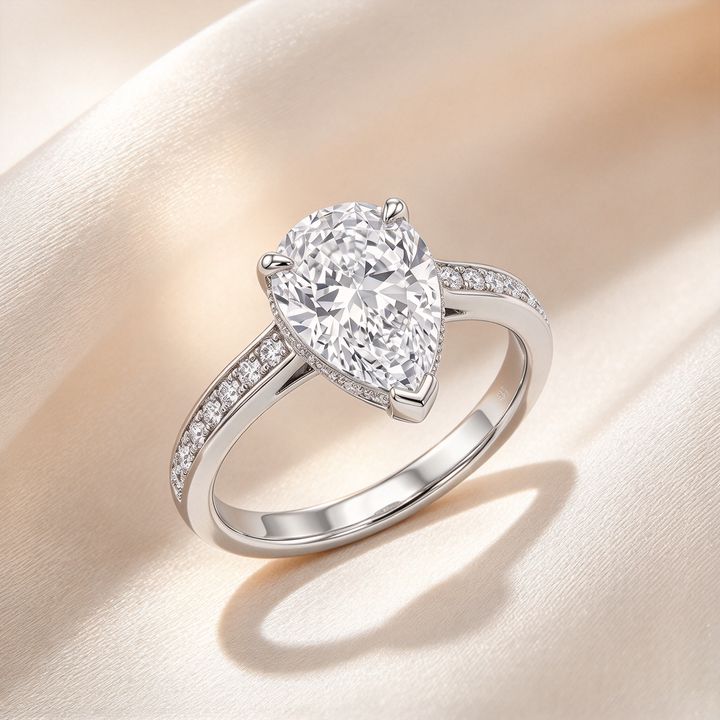 Pear Shape Three-Prong Pavé Band Ring