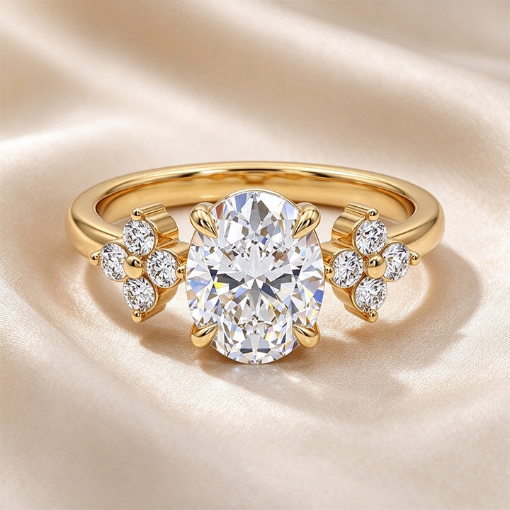 Oval Four-Prong Flower Accent Moissanite Ring