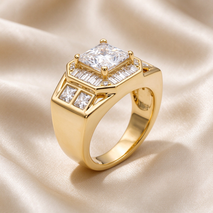 Princess Cut Four-Prong Halo Baguette Pavé Men&