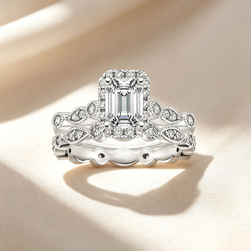 Emerald-cut solitaire and matching band set