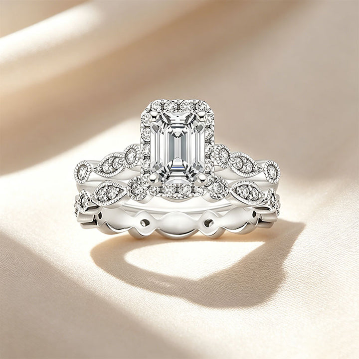 Emerald-cut solitaire and matching band set