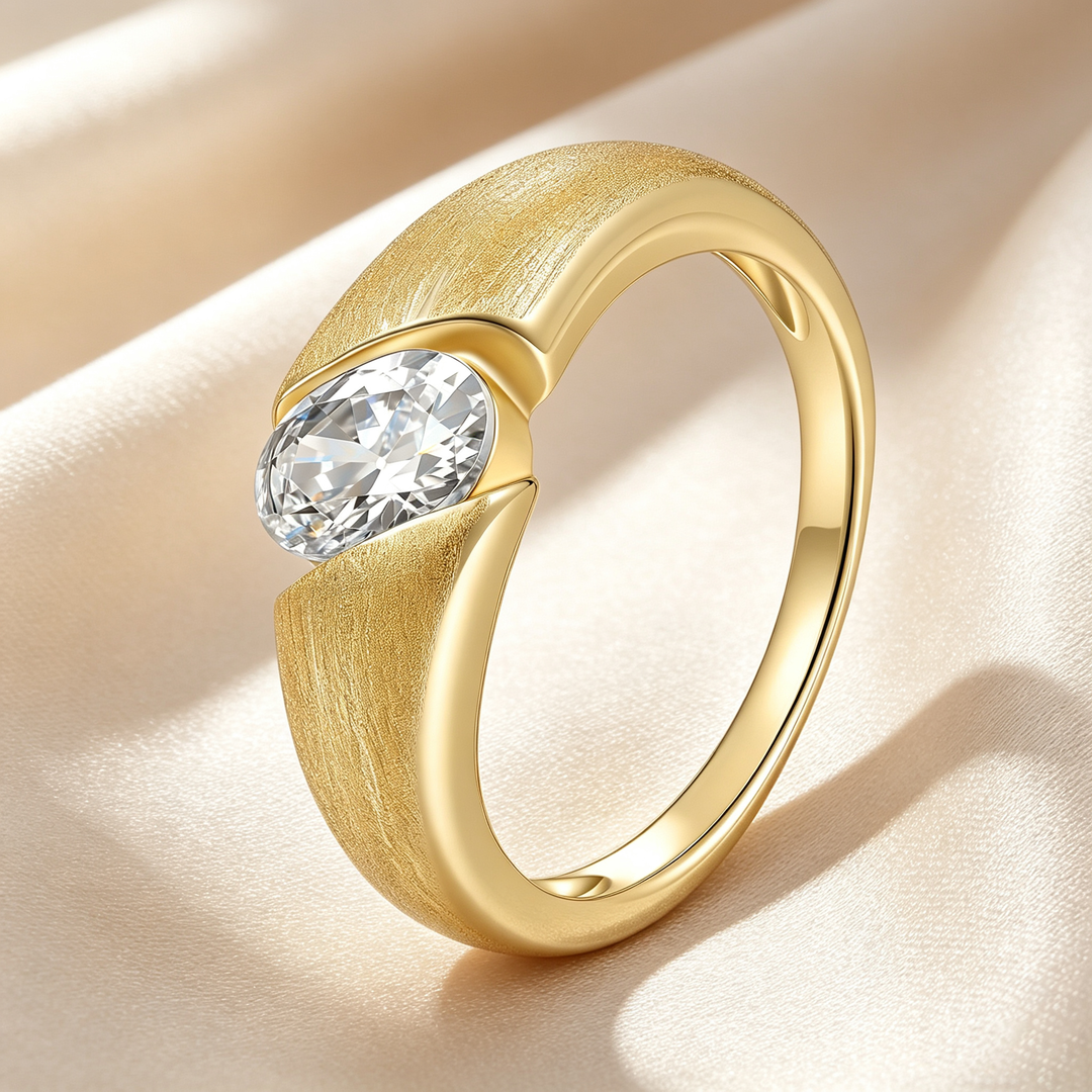 Oval Bezel‑Set Brushed Finish Moissanite Solitaire Ring
