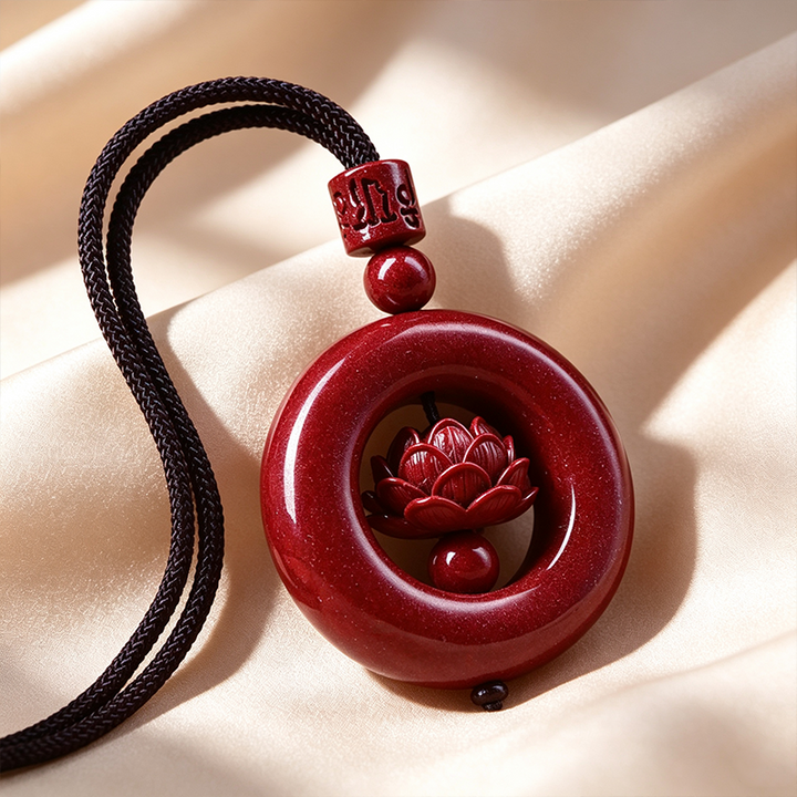 Cinnabar Hollow‑Carved Lotus Peace Donut Pendant Necklace