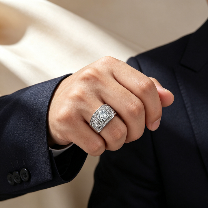 Round Baguette Halo Moissanite Men&