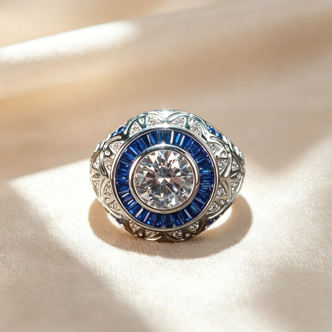 Vintage Round Blue Halo Moissanite Signet Ring