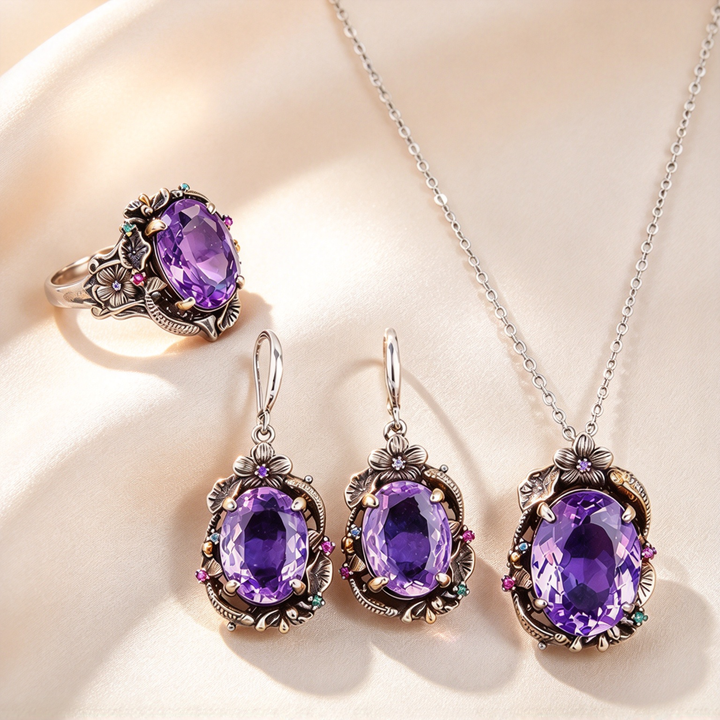 Amethyst &amp; Multicolor Gem Twin Fish Lotus Jewelry Set