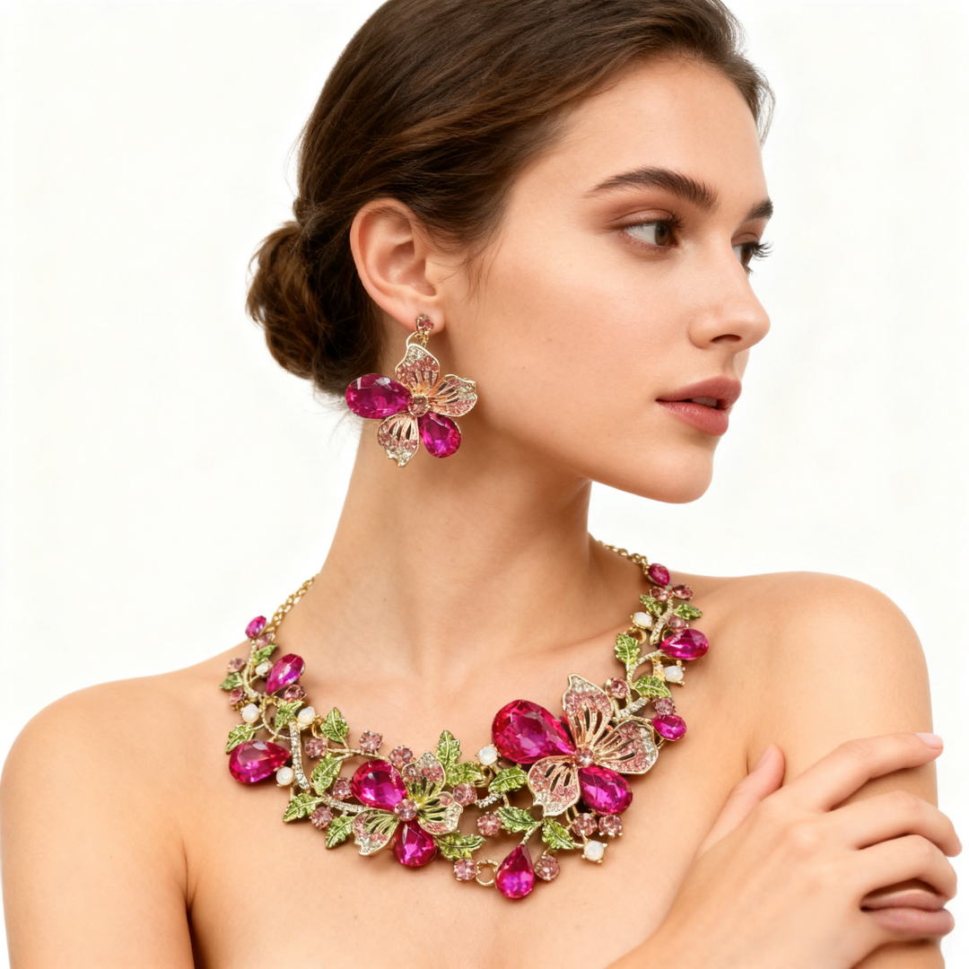 Crystal Flower Cluster Necklace &amp; Earring Set