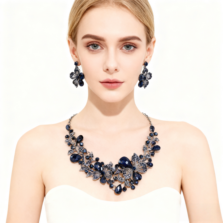 Crystal Flower Cluster Necklace &amp; Earring Set