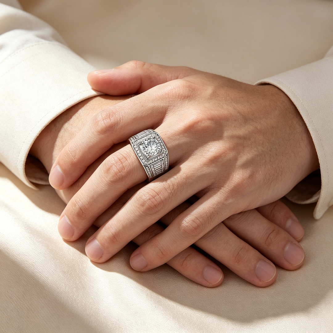 Round Baguette Halo Moissanite Men&