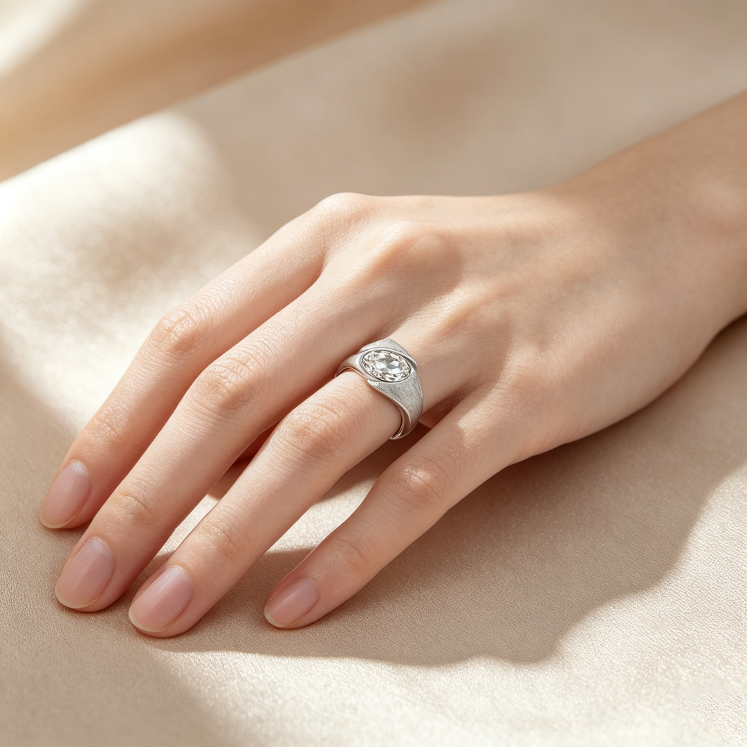 Oval Bezel‑Set Brushed Finish Moissanite Solitaire Ring