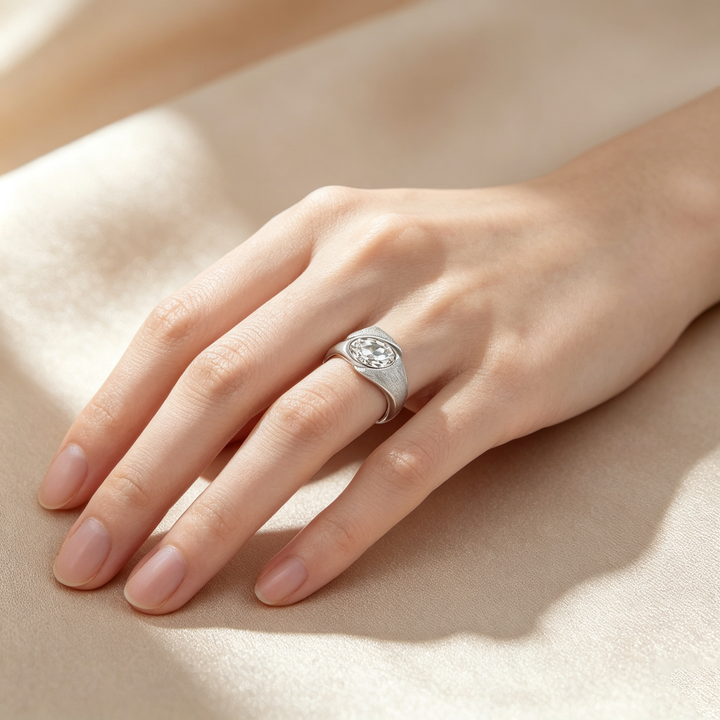 Oval Bezel‑Set Brushed Finish Moissanite Solitaire Ring