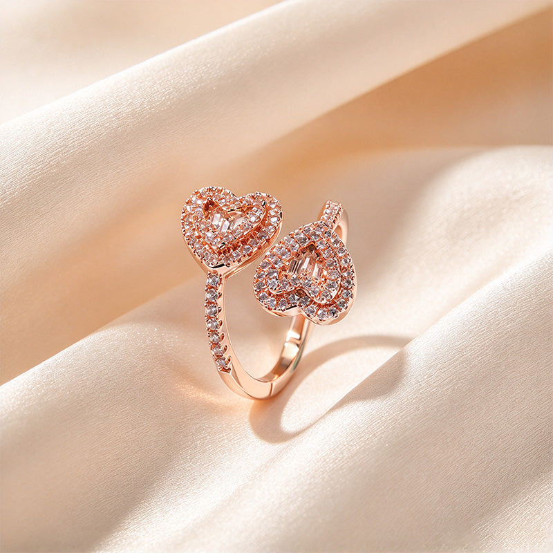 Double Heart Pavé Baguette Open Ring