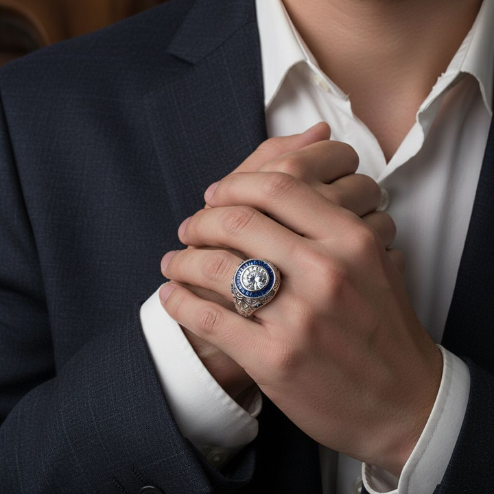 Vintage Round Blue Halo Moissanite Signet Ring