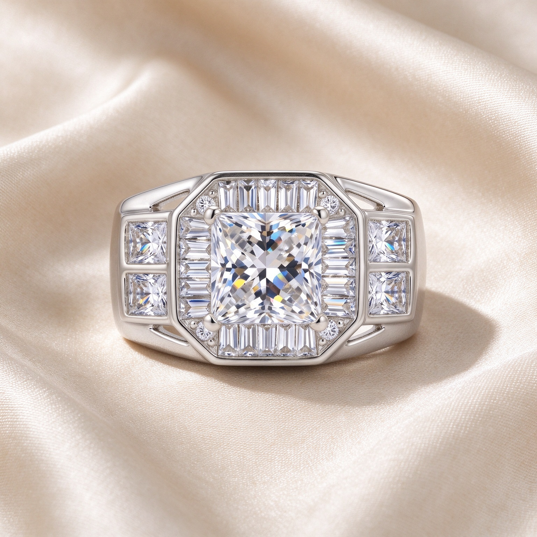 Princess Cut Four-Prong Halo Baguette Pavé Men&
