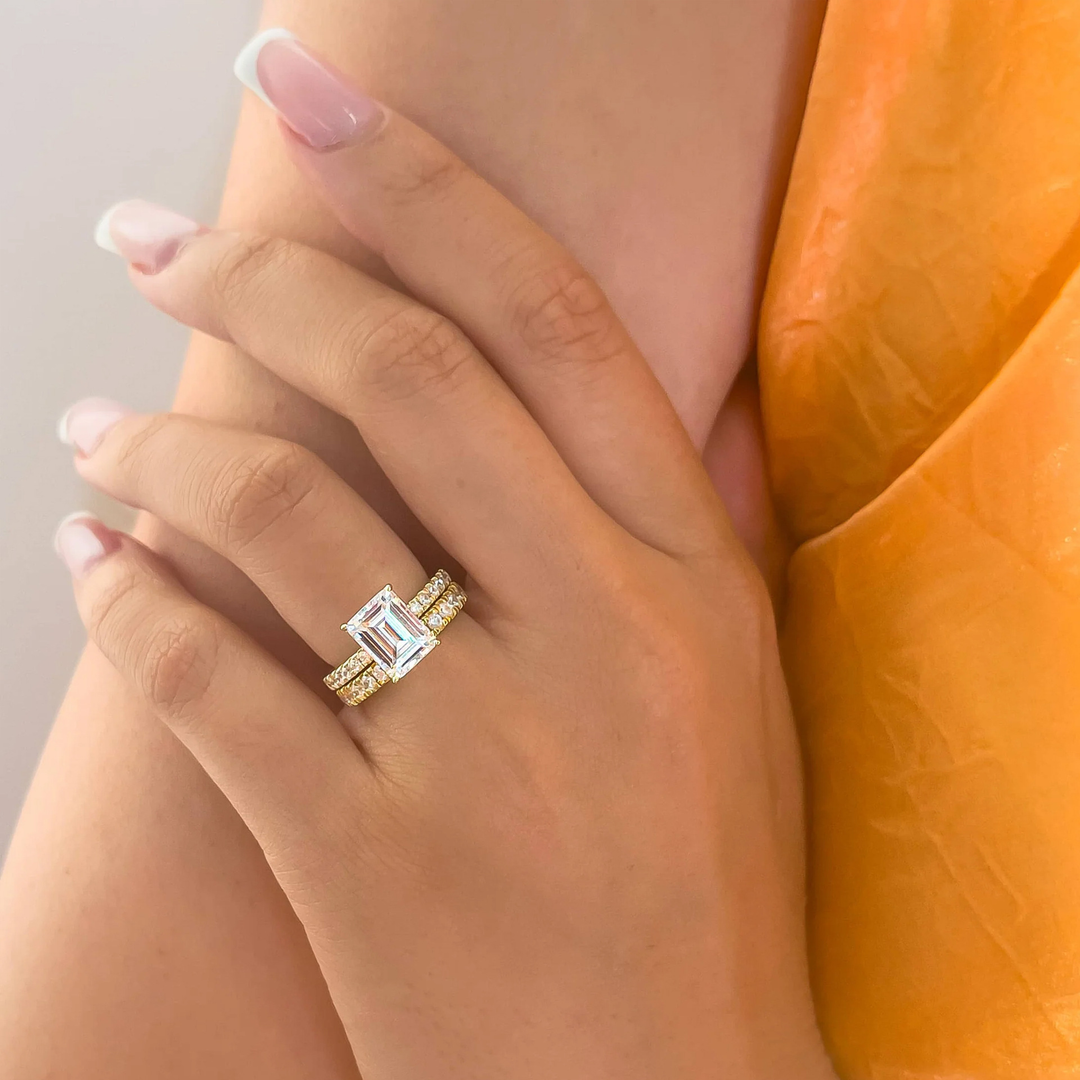 Emerald‑Cut Pavé Band Moissanite Ring