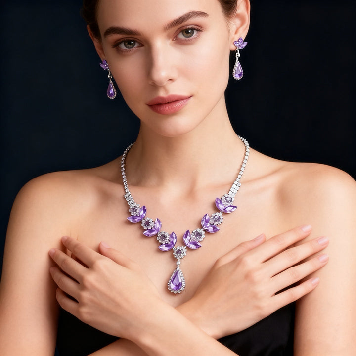 Amethyst Teardrop Flower Necklace &amp; Earring Set