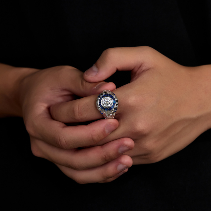 Vintage Round Blue Halo Moissanite Signet Ring