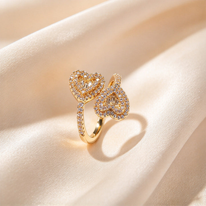 Double Heart Pavé Baguette Open Ring