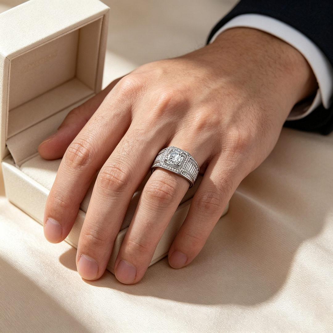 Round Baguette Halo Moissanite Men&