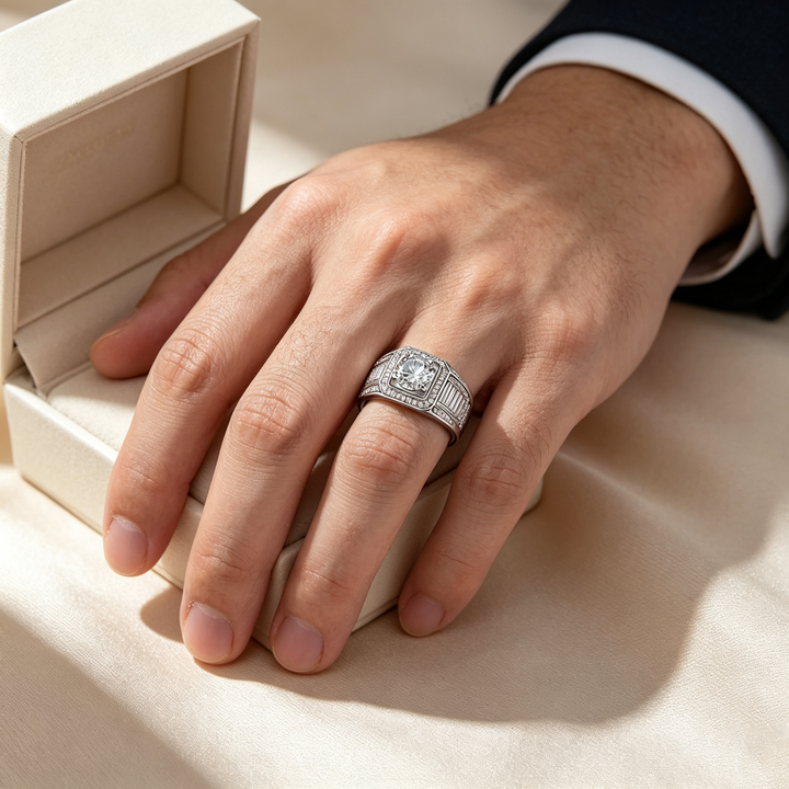 Round Baguette Halo Moissanite Men&