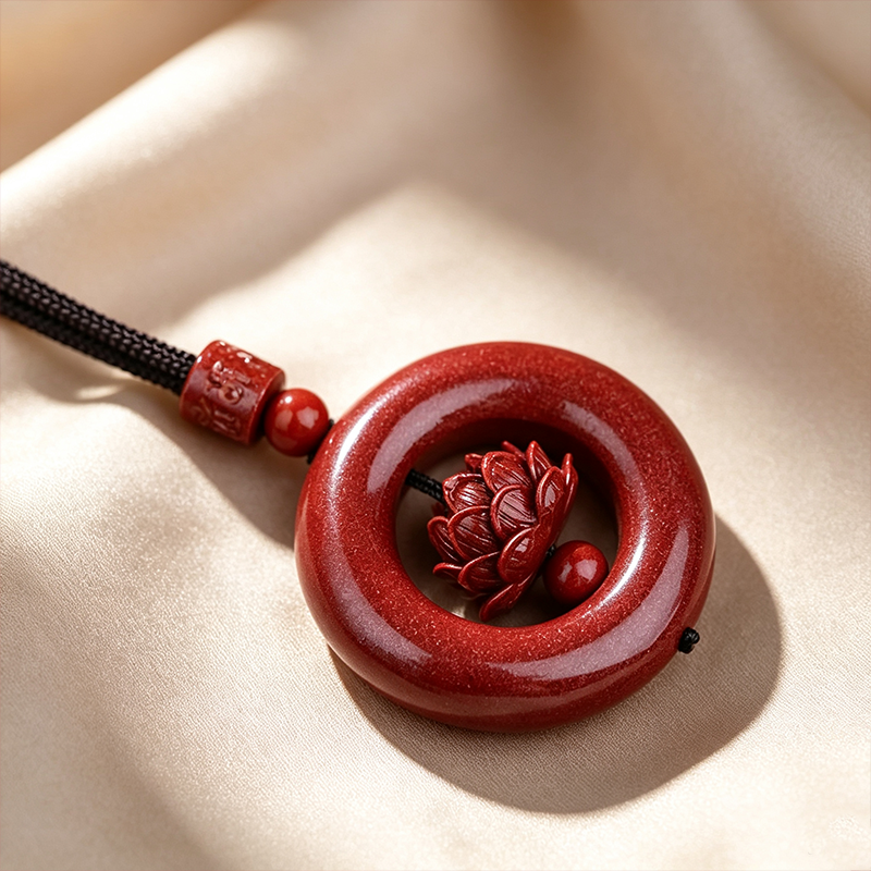 Cinnabar Hollow‑Carved Lotus Peace Donut Pendant Necklace