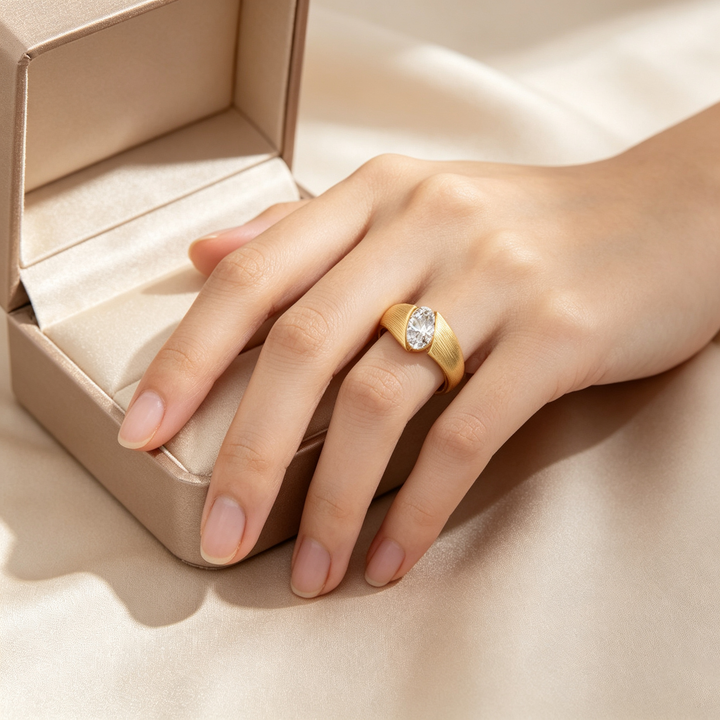 Oval Bezel‑Set Brushed Finish Moissanite Solitaire Ring