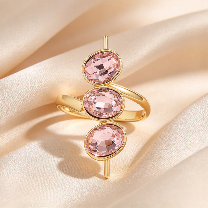 Oval Bezel Three-Stone Open Wrap Crystal Ring