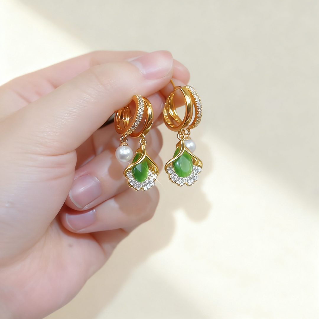 Ginkgo Leaf Green Agate &amp; Pearl Double-Layer Earrings