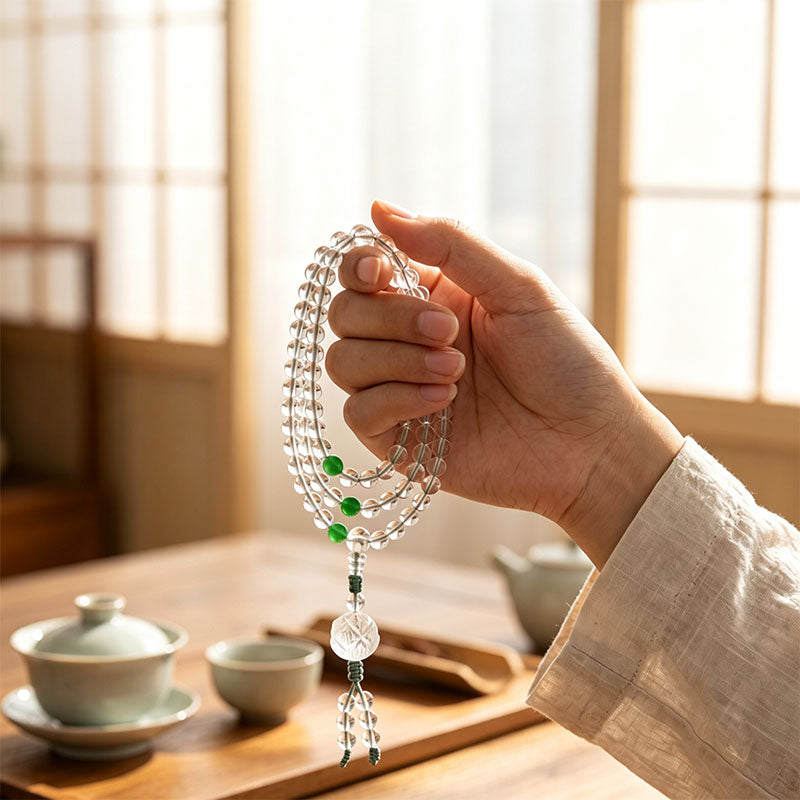Clear Quartz 108‑Bead Lotus Mala Prayer Bracelet Necklace