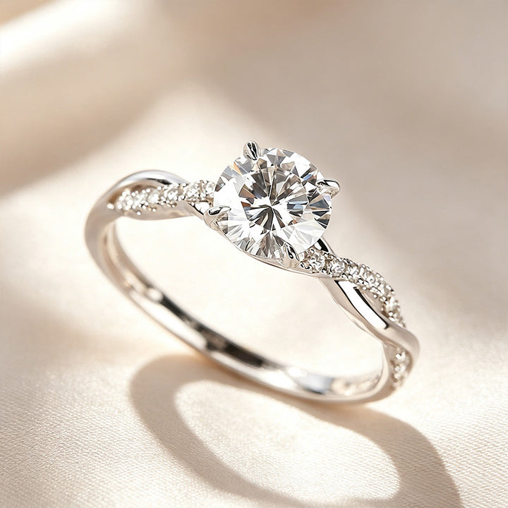 Round Cut Twisted Shank Paved Side Stone Ring