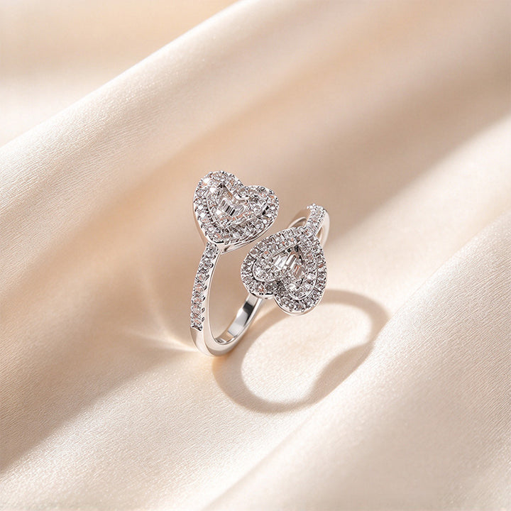 Double Heart Pavé Baguette Open Ring